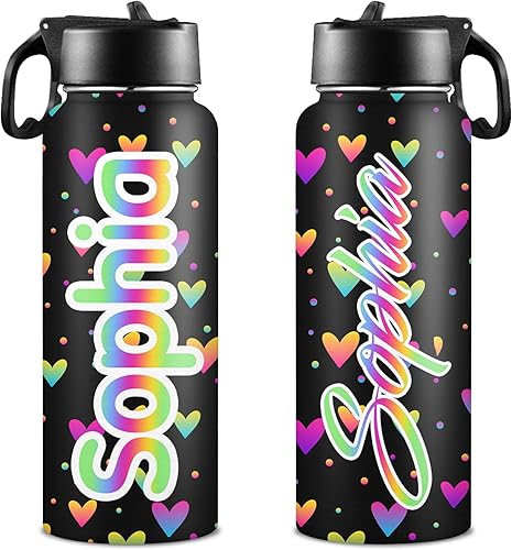 Botellas de agua personalizadas para niñas, de acero inoxidable con aislamiento de doble cara con pajilla, botella de agua de color degradado