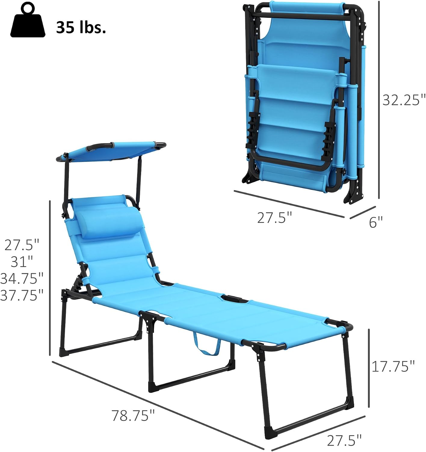 Outsunny 2 Pieces Outdoor Lounge Chair, Adjustable Backrest Folding Chaise Lounge, Cushioned Tanning Chair with Sunshade Roof & Pillow Headrest for Beach, Camping, Hiking, Light Blue