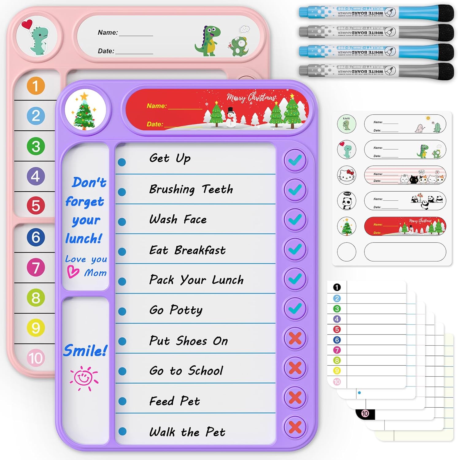 2-Pack Magnetic Chore Chart for Kids, ADHD Task Tracker Easy-Check Routine Dry Erase Board, to-Do List Planning Tool with Stand for Fridge/Desk/Home/School, 6 Reusable Sheets, 4 Markers