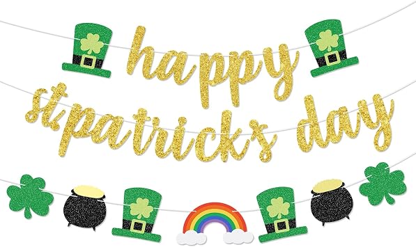 Happy St. Patricks Day Banner - Gold Green Glitter Lettering with Leprechaun Hat Rainbow Shamrock Clover and Pot of Gold Patterns, No DIY Required, Festive Hanging Decorations for Irish Party Favors
