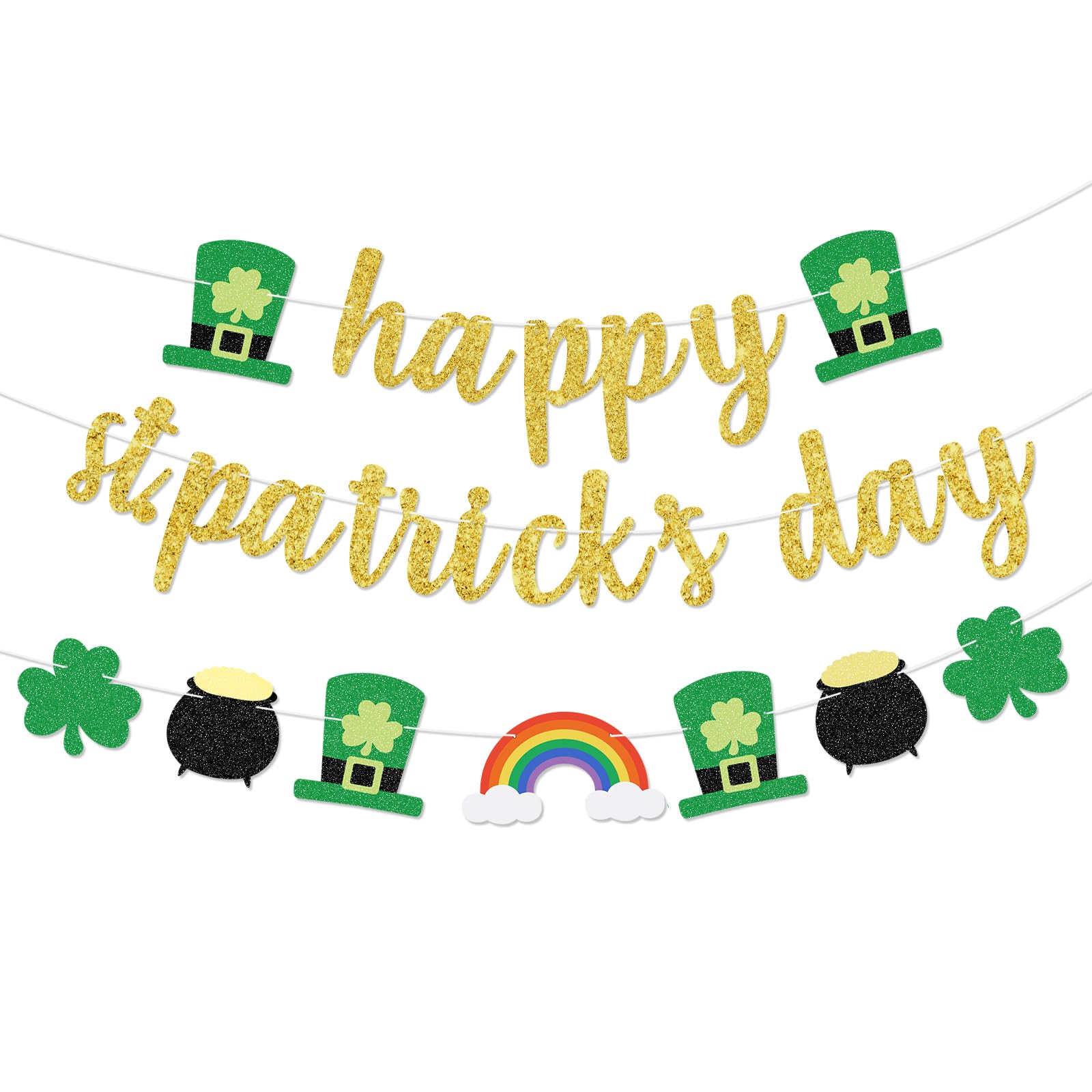 Happy St. Patrick's Day Banner - Gold Green Glitter Lettering with Leprechaun Hat Rainbow Shamrock Clover and Pot of Gold Patterns, No DIY Required, Festive Hanging Decorations for Irish Party Favors