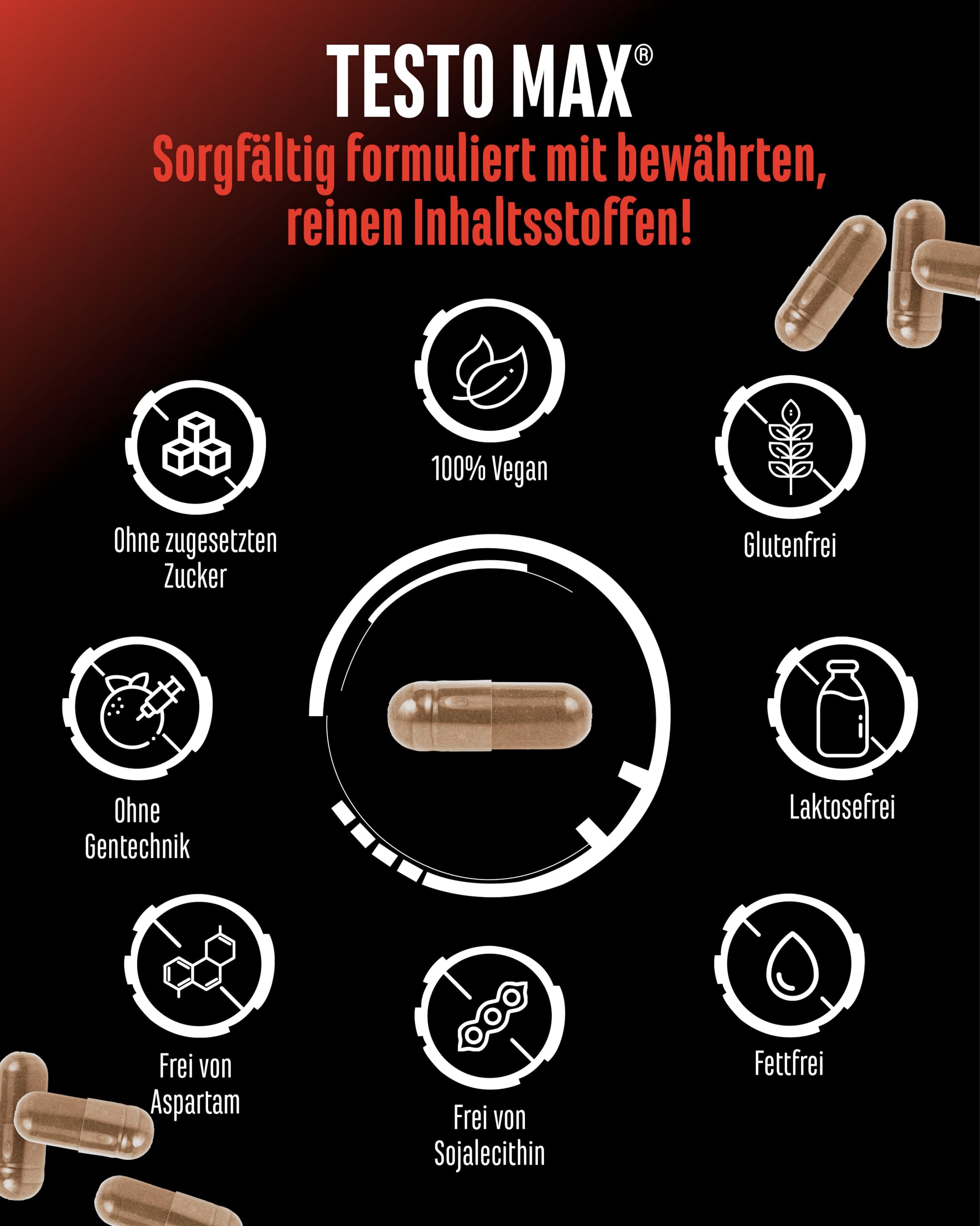 Testo MAX® - 270 Kapseln - extra hochdosiert mit 7323 mg pro Tagesdosis - mit D-Asparaginsäure - Tribulus - Maca Extrakt - Bor - Zink - Aminosäuren - vegan