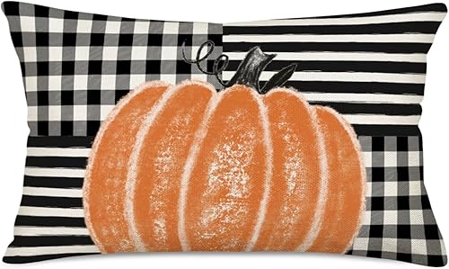 Fukeen Fundas de almohada de calabaza de otoño de 12 x 20 pulgadas, diseño de búfalo blanco y negro, a rayas, calabazas naranjas, cosecha de otoño,