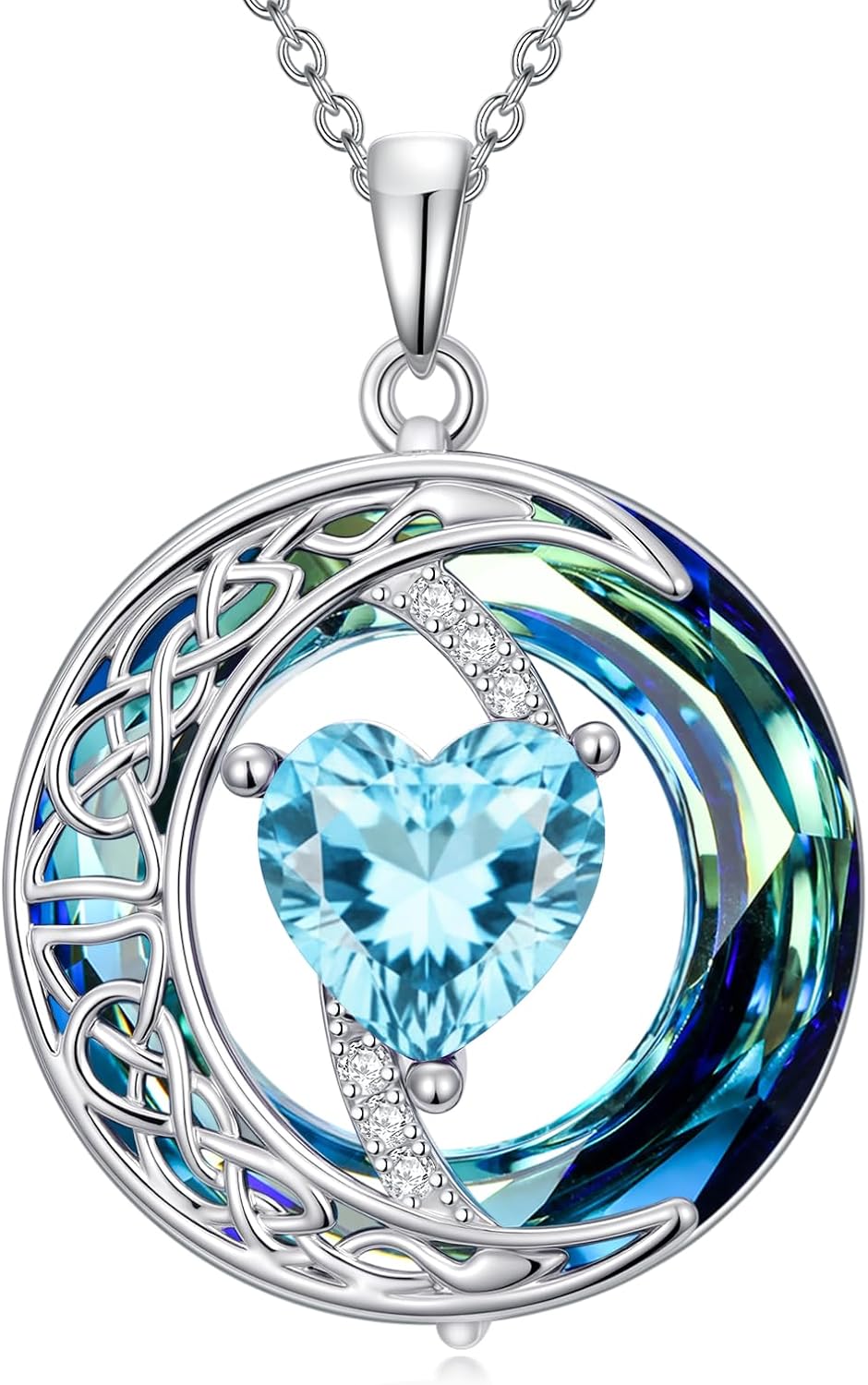 Valentines Day Gifts for Women, Birthstone Necklace for Women, Celtic Moon Pendant Blue Crystal Necklace Heart Jewelry Anniversary Jewelry Gift for Daughter Wife Mother Sister