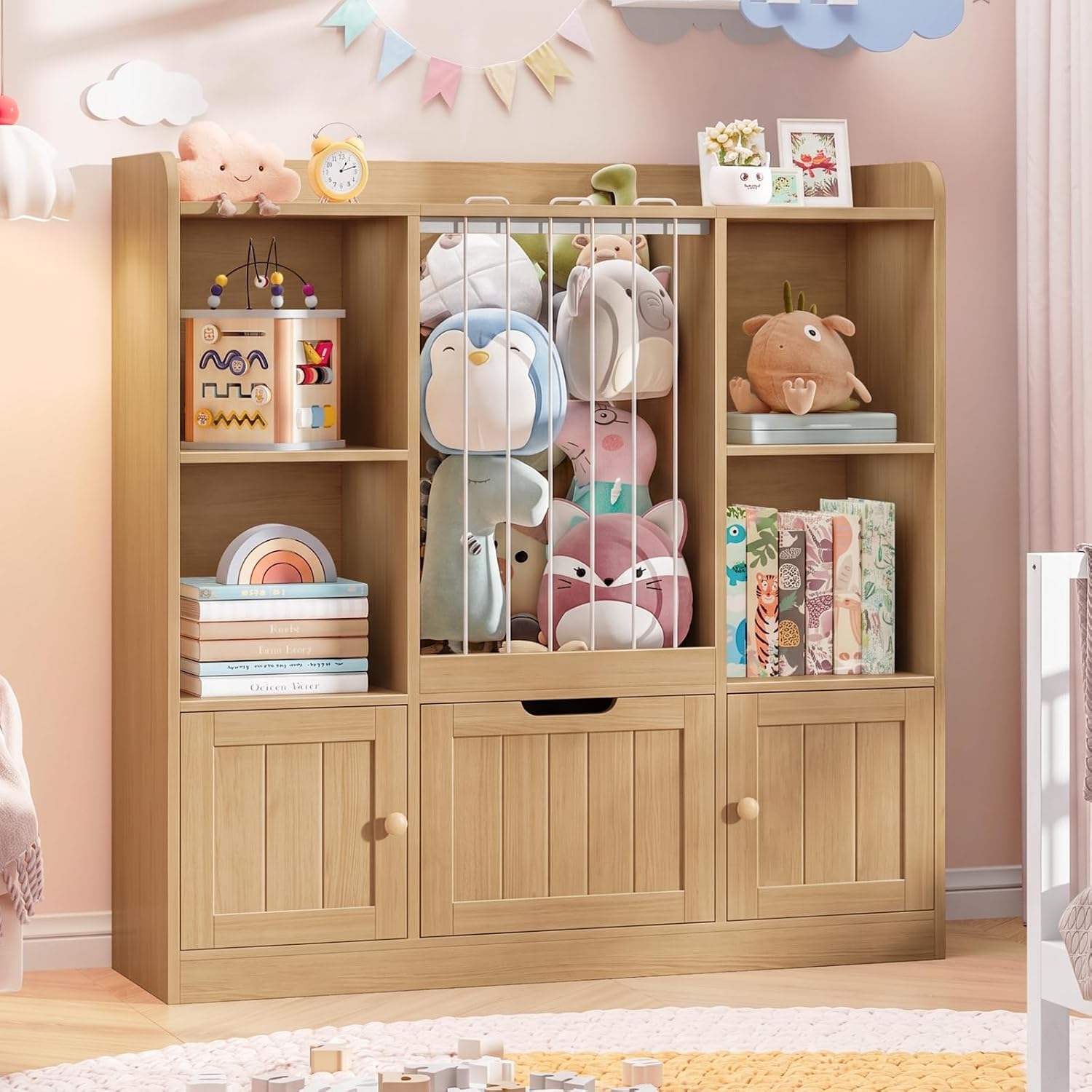 Vabches 4-Cubby Toy Storage Organizer for Living Room, Natural