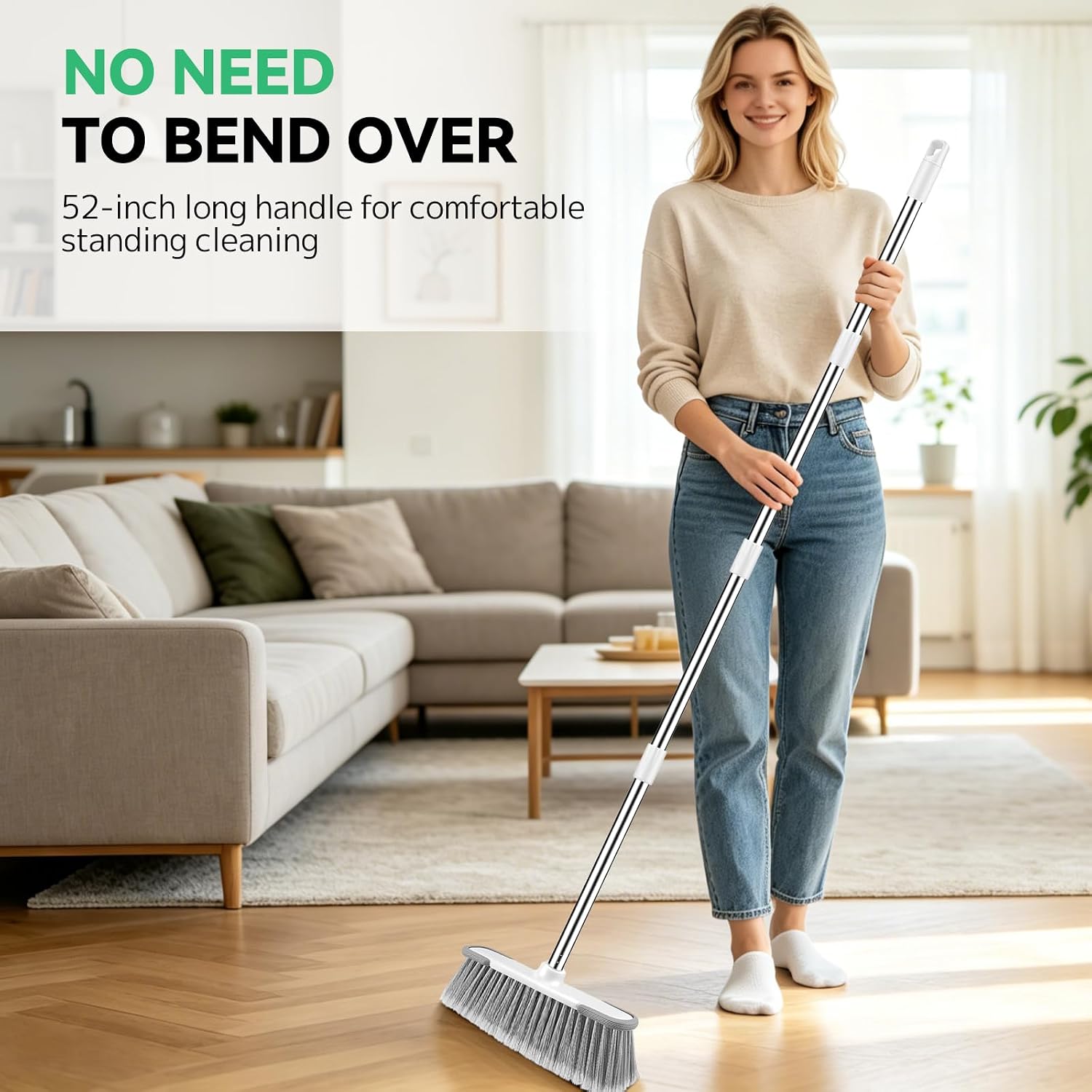 SetSail Indoor Soft Bristle Broom，52'' Long Handle House Broom for Sweeping