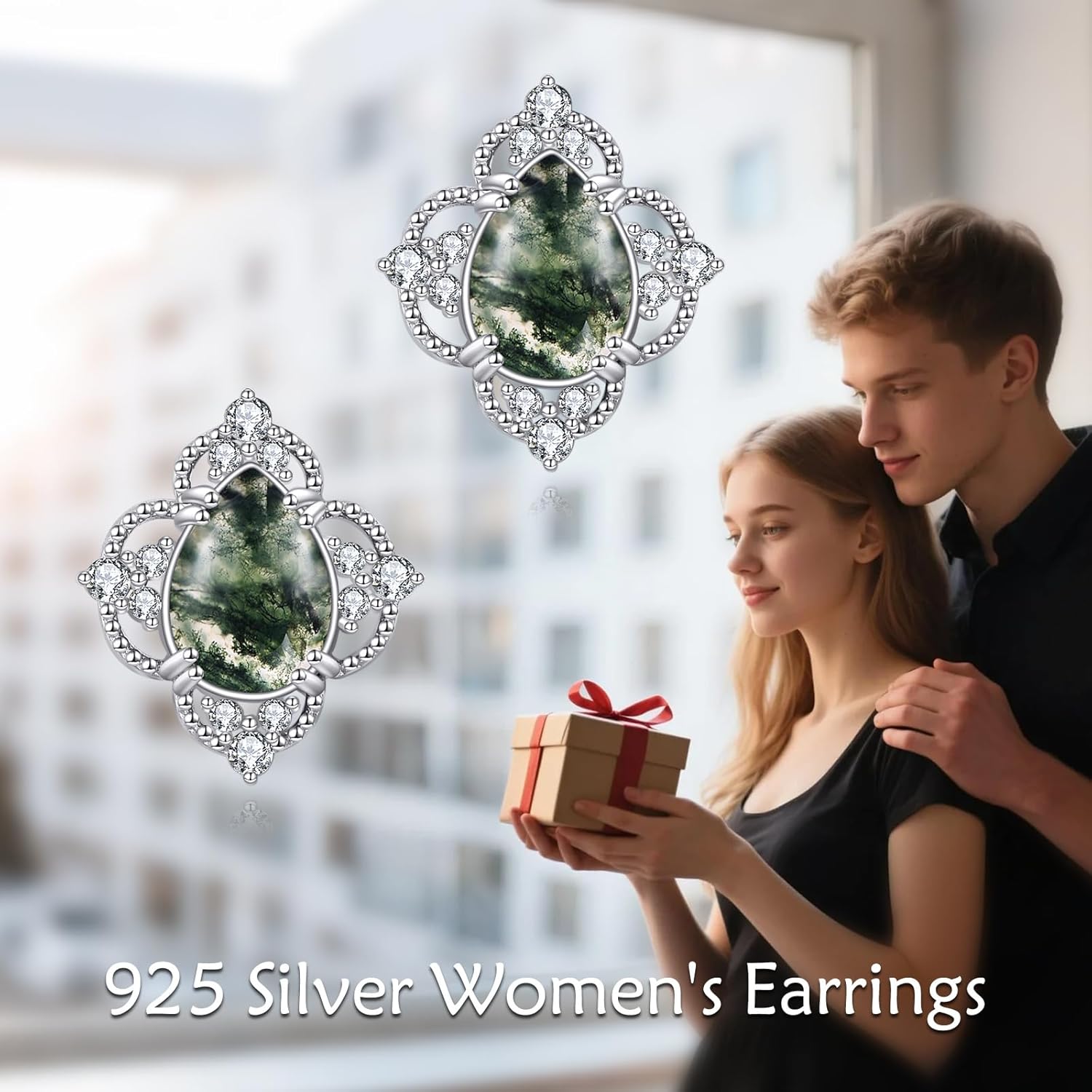 Natural Moss Agate Earrings Studs - Sterling Silver Pear/Kite/Oval/Round/Cushion Shaped Moss Agate Stud Earrings Vintage Jewelry for Women