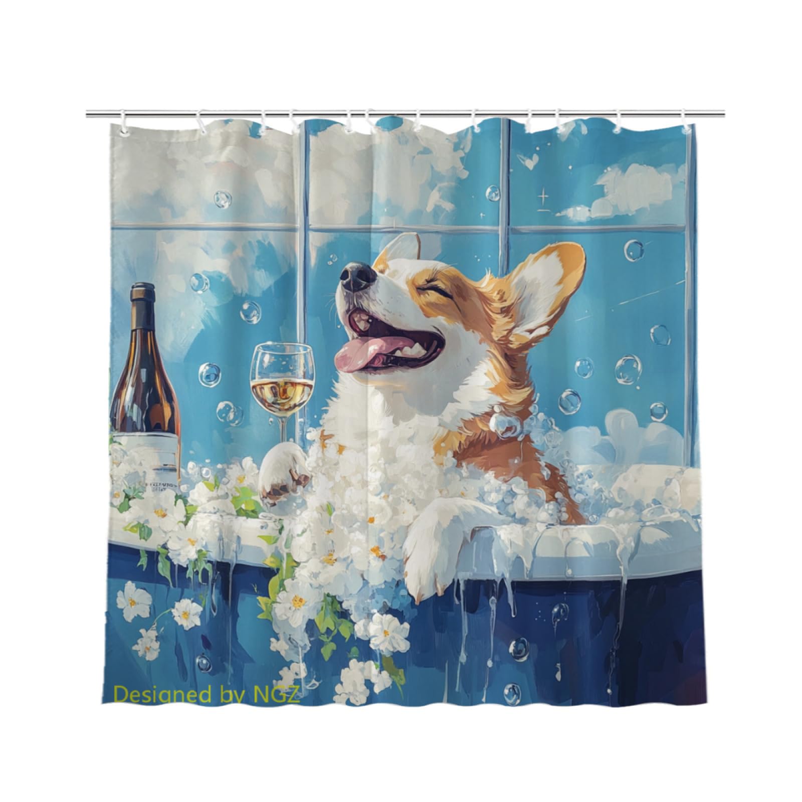 NGZ Funny Corgi Shower Curtain, SPA with Wine, Blue Shower Curtain, 72x72 Inches Shower Curtains for Bathroom, Bath Curtains Set with 12 Hooks