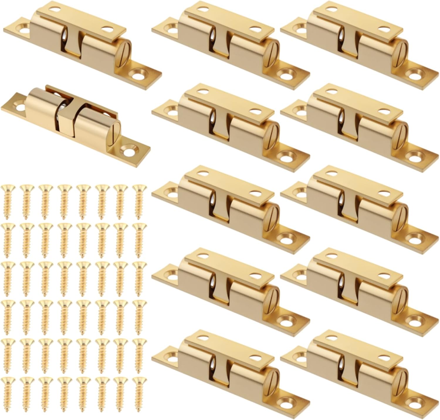12Pcs Double Ball Tension Roller Catch Latch for Cabinet,60 mm Solid Brass Closet Door Catch Hardware with Gold Screws and Tape for Kitchen Cabinet Closet Furniture Doors (Gold, 60mm)