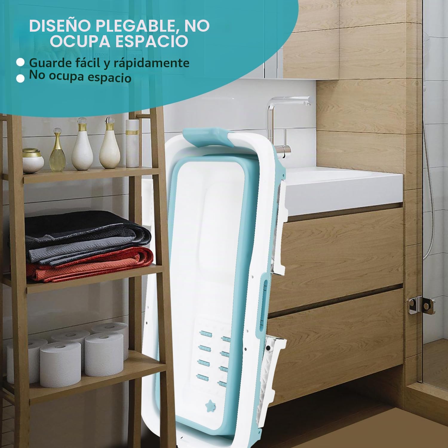 Ikodm Bañera plegable para adultos - XXL 149 x 60 x 50 cm - Bañera móvil plegable con tapa, rodillos de masaje y cesta - Para baño, ducha y balcón - Azul