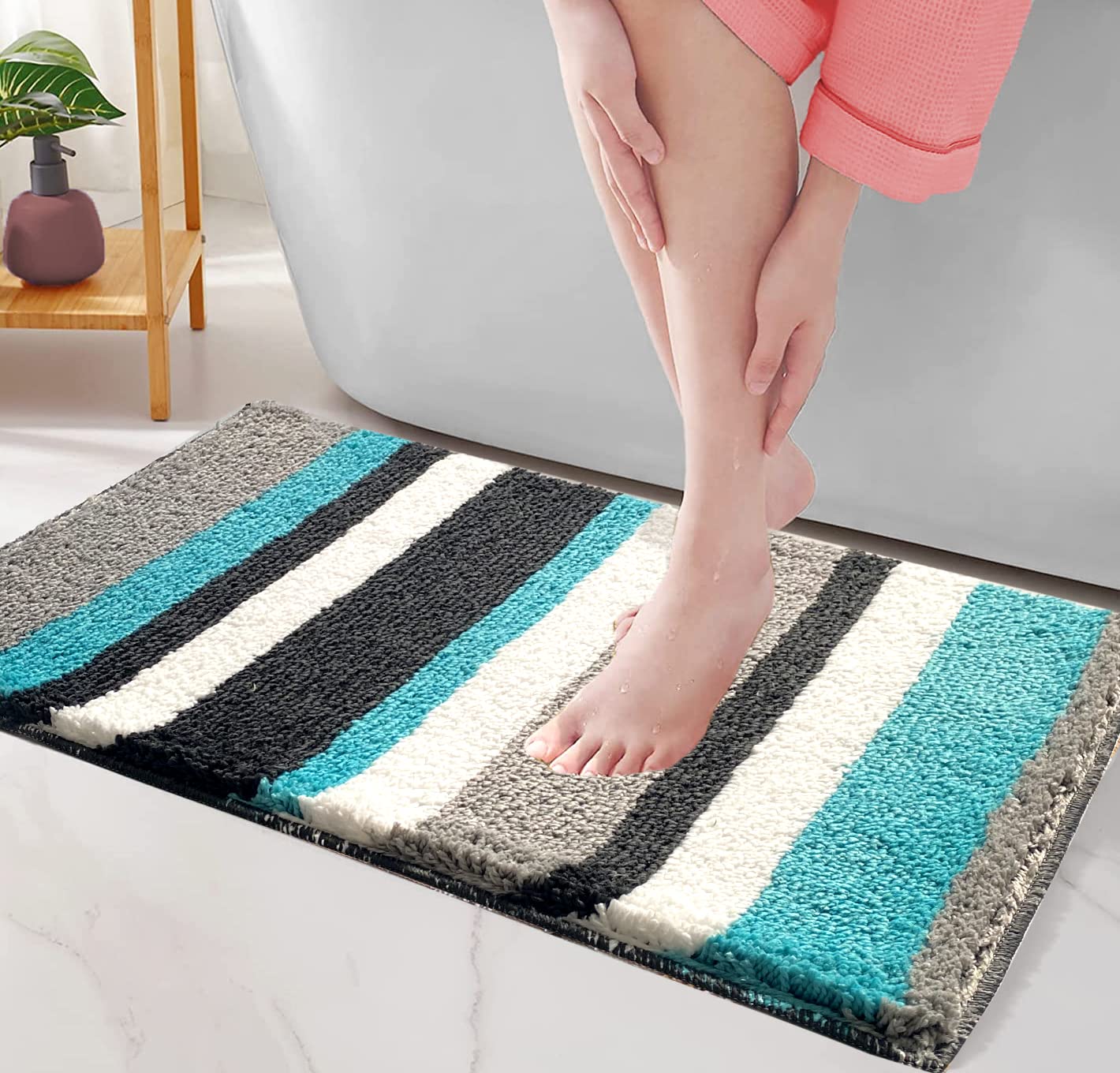 RoseateLuxury Super Soft (40x60 cm) Microfibre Striped 2000 GSM Bath Mat Super Absorbent Anti Skid Mats for Bathroom/Bedroom/Kitchen/Door Mat/Floor Mat (Peacock) Pack of 1