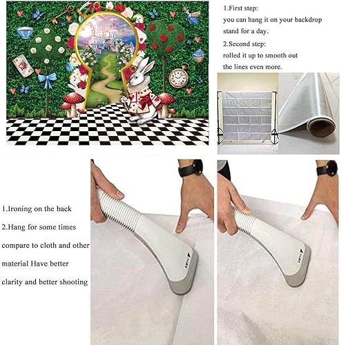 Miniatura 7 de Telón de fondo para fotografía del país de las maravillas de 7 x 5 pies, decoración de fiesta de té, cuento de hadas, castillo, conejo, hoja verde,