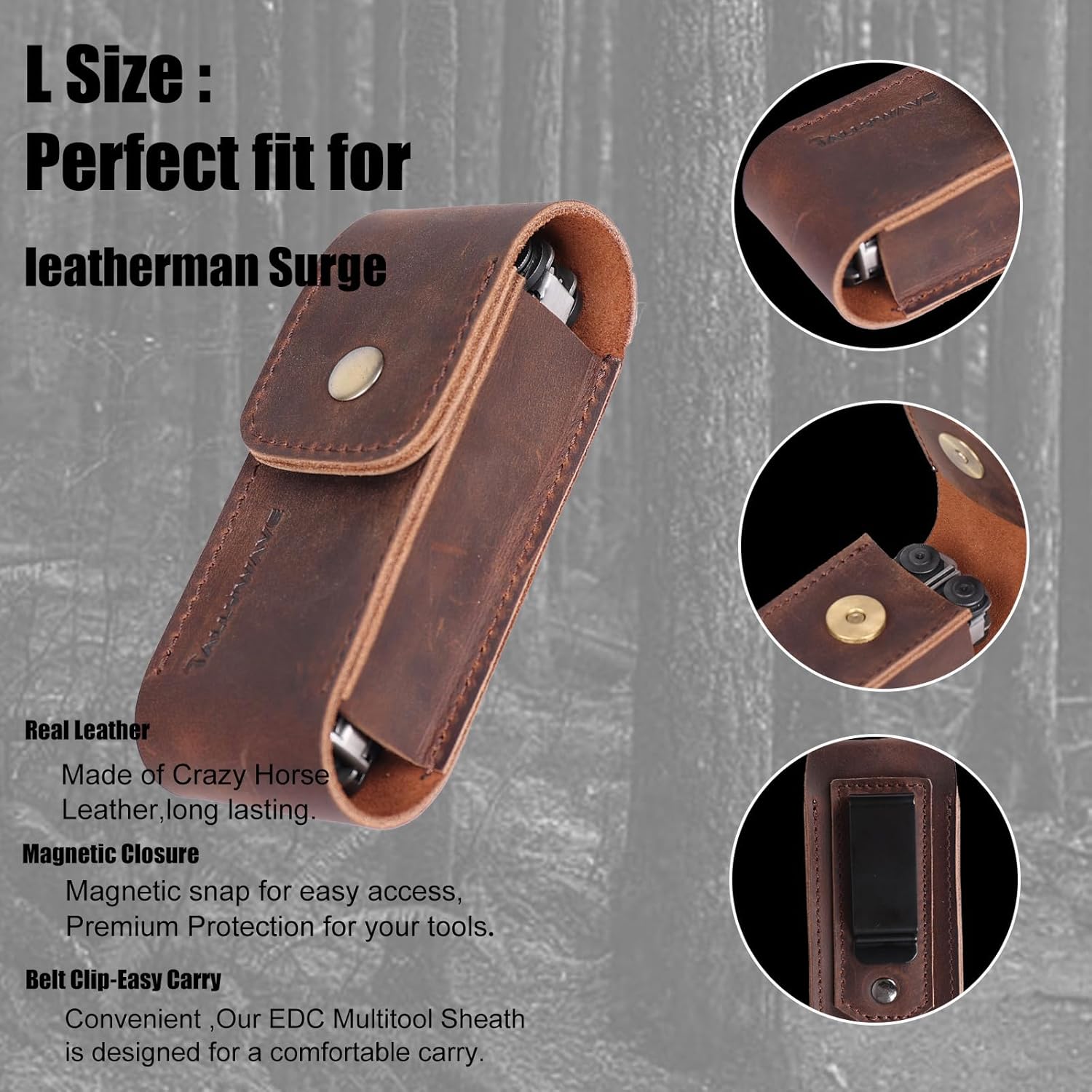 Leather Multitool Sheath - Belt Clip Leather Multitool Holster - EDC Belt Organizer Multitool Pouch for Belt - Magnetic Closure Multitool Case, Darkbrown - Image 4
