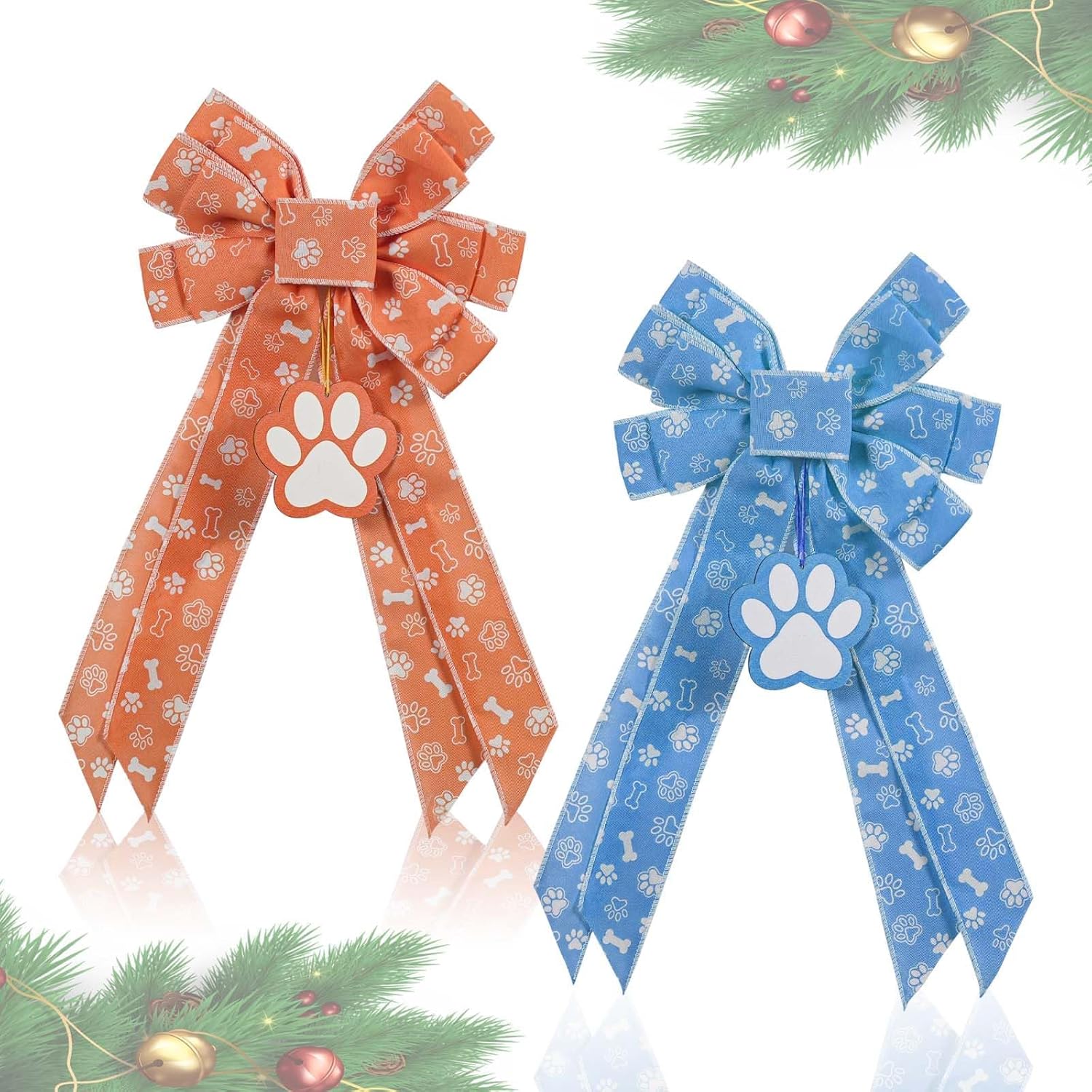 2Pcs Christmas Tree Topper Bow,Blue Orange Bow Topper,9.8 * 18inch Dog-Themed Christmas Ornament with Streamers,Indoor and Outdoor Christmas Decorations,Festive Decorations Santa hat Tree Topper