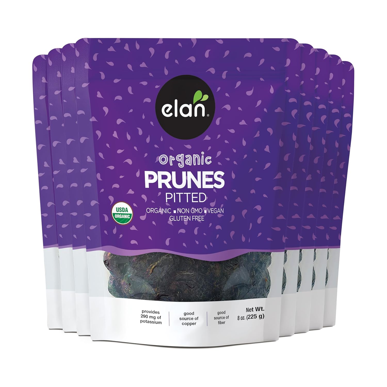 Elan Organic Pitted Prunes, Natural Dried Fruit, No Sugar Added, Sulphite-free, Non-GMO, Vegan, Gluten-Free, Kosher, Healthy Snack, Dried Plums, 8 pack of 7.9 oz