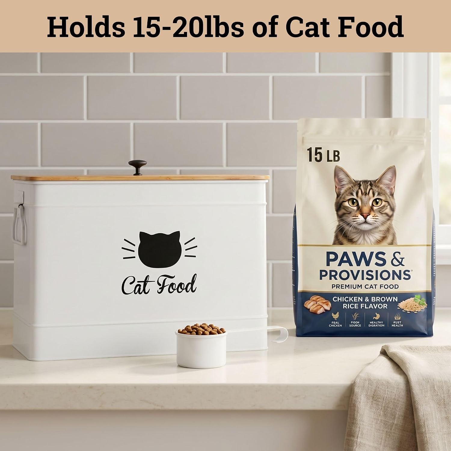 Condition photo showing New/Like New for cat food storage container with scoop - 15 lb (50 cup) capacity metal cat food container with airtight bamboo lid & metal scoop - airtight pet food storage containers - 15 lb treats & kibble container white