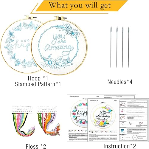 Miniatura 5 de Yutaohui Juego de 2 juegos de bordado, divertido kit de bordado de flores con palabras alentadoras, kit de bordado para principiantes, kit de punto