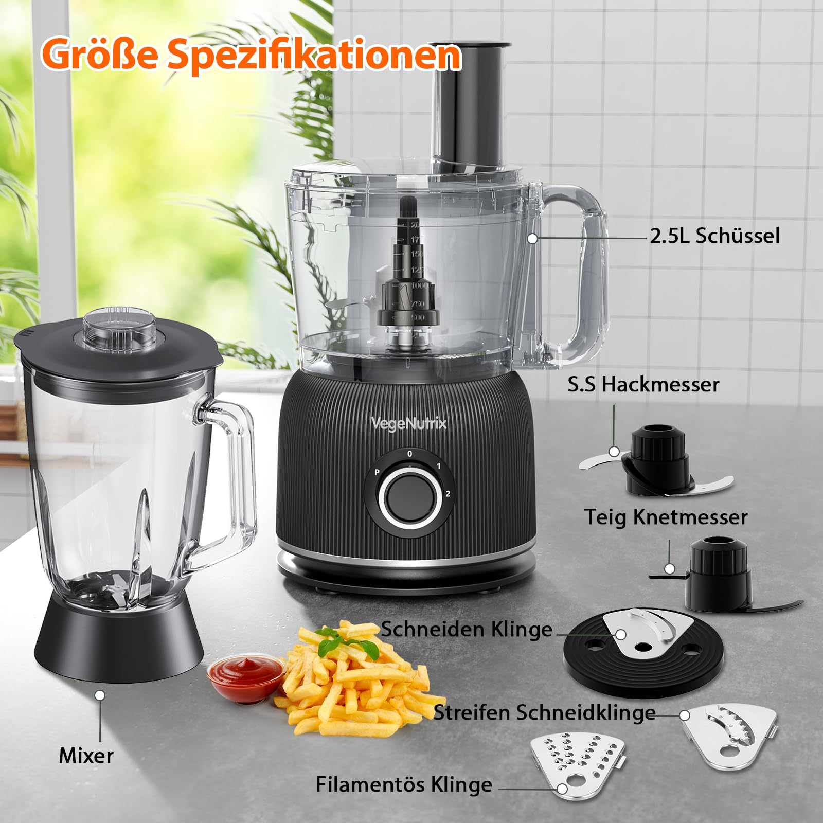 Combinazione di robot da cucina e frullatore, tritatutto da 2,5 l per carne e verdure, planetaria da 2 l con contenitore in vetro da 1500W, per frullati, estrazione di nutrienti ecc.