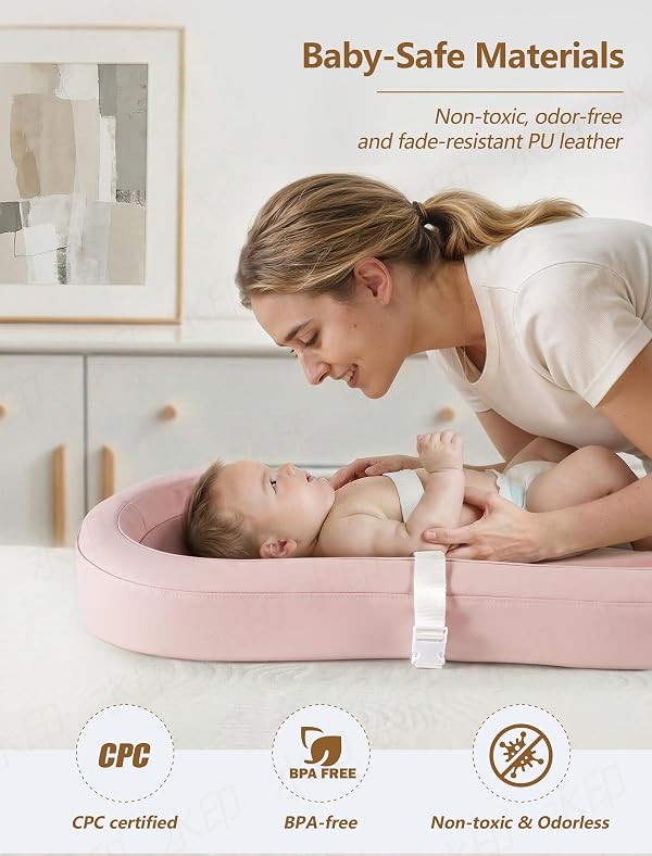 Sprouterie Baby Changing Pad for Dresser and Changing Table, Waterproof Wipeable PU Leather Cover, Contoured Diaper Mat with Safety Strap and Non-Slip Base, 31.5 x 15.8 x 4 in (Pink) by Sprouterie - Used condition - Image 8