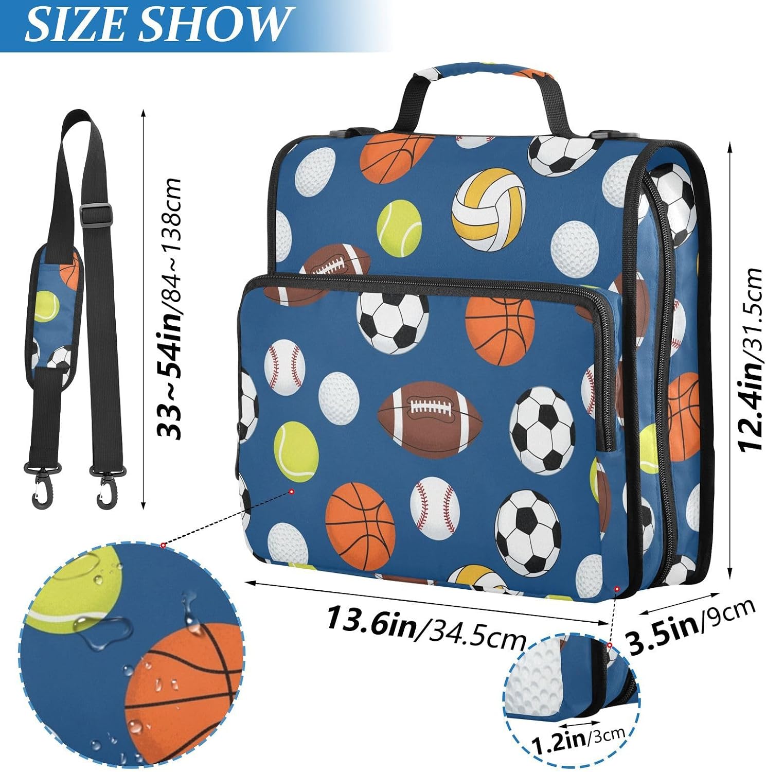 Sports Balls Blue Print Zipper Binder Bag 3 Ring with Shoulder Strap & Handle Multi Pocket Binder Organizer Bag Large Capacity for School Office Supplies