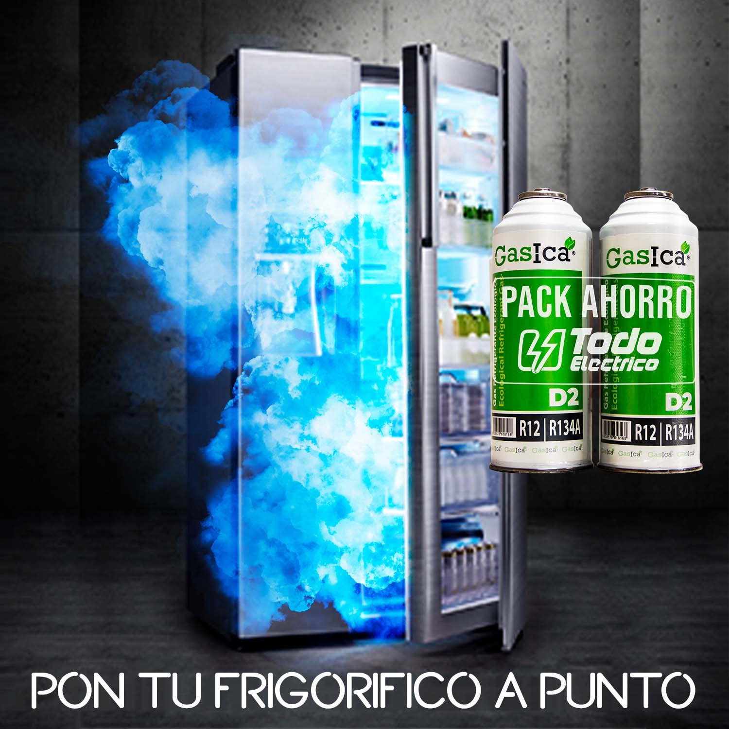 Todoeléctrico - Gasica D2 PACK AHORRO (2x226Gr) Botellas Gas Refrigerante Ecológico Gasica D2 sustituto de R12, R134A más llave recarga gas para aire acondicionado