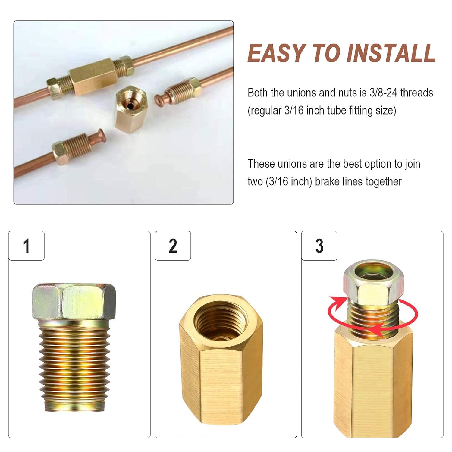 3/16" Brake Line Fittings Kit 15-Piece, 3/8-24 SAE Flare Fittings | Includes 5 Long Nuts, 5 Short Nuts and 5 Unions, standard brake system replacement parts
