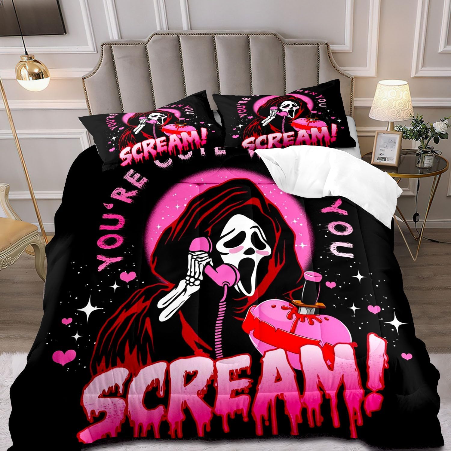 2 Pieces Funny Ghost Comforter Set Twin Size, Teen Girls Bedding Set, Hot Pink and Black Bedding, Gothic Spooky Scary Horror Scream Skull Face Heart Halloween Bedroom Decor, 1 Pillowcase