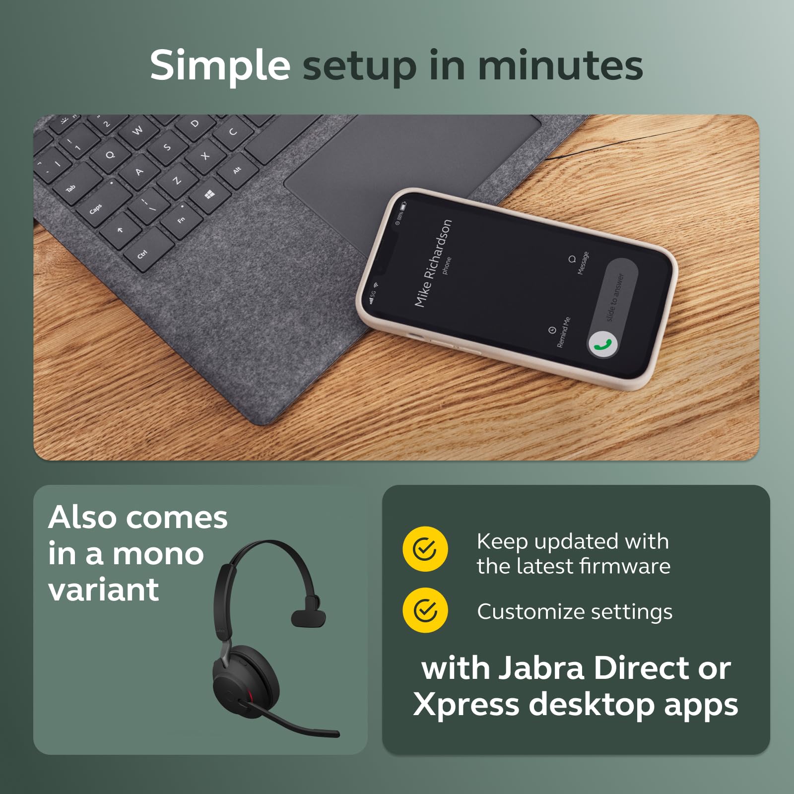 Jabra Evolve2 65 Bluetooth Wireless Headset con microfono per chiamate e musica, cuffie dual-ear con adattatore USB-A e supporto di ricarica, fino a 37 ore di batteria, funziona con app per riunioni