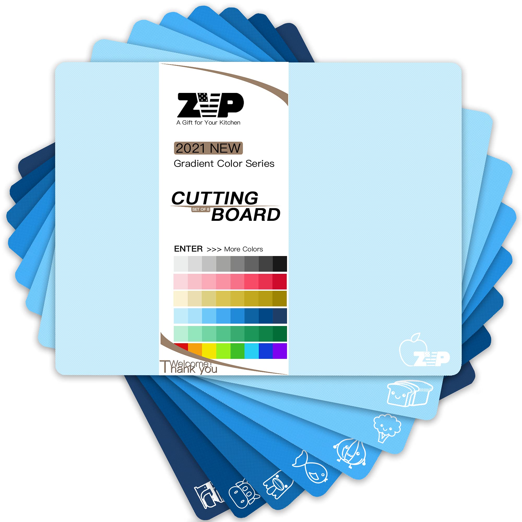 ZVP Plastic Cutting Boards for Kitchen, Flexible Cutting Mats, Gradient Blue Chopping Boards with Food Icon, Non-Slip, Non Porous, BPA Free, Dishwasher Safe