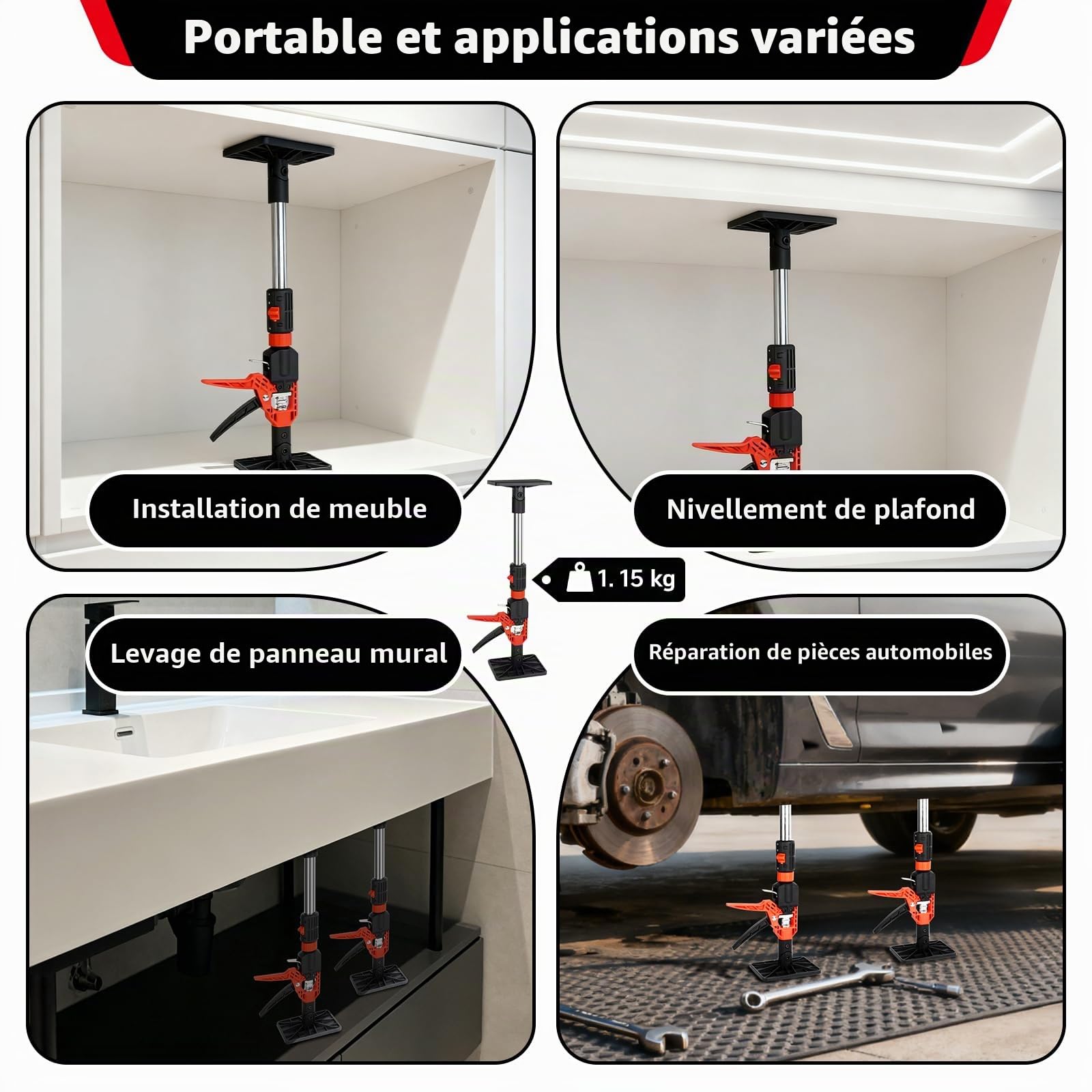 Étai Télescopique Réglable, 2 Pièces Crics de Levage, Léve Plaque Placo, Hauteur 50-93 cm, Réglage d'Angle à 30°, Léve Meuble pour Armoires, Plafonds, Ppanneaux Muraux, Charge Max. 150 kg