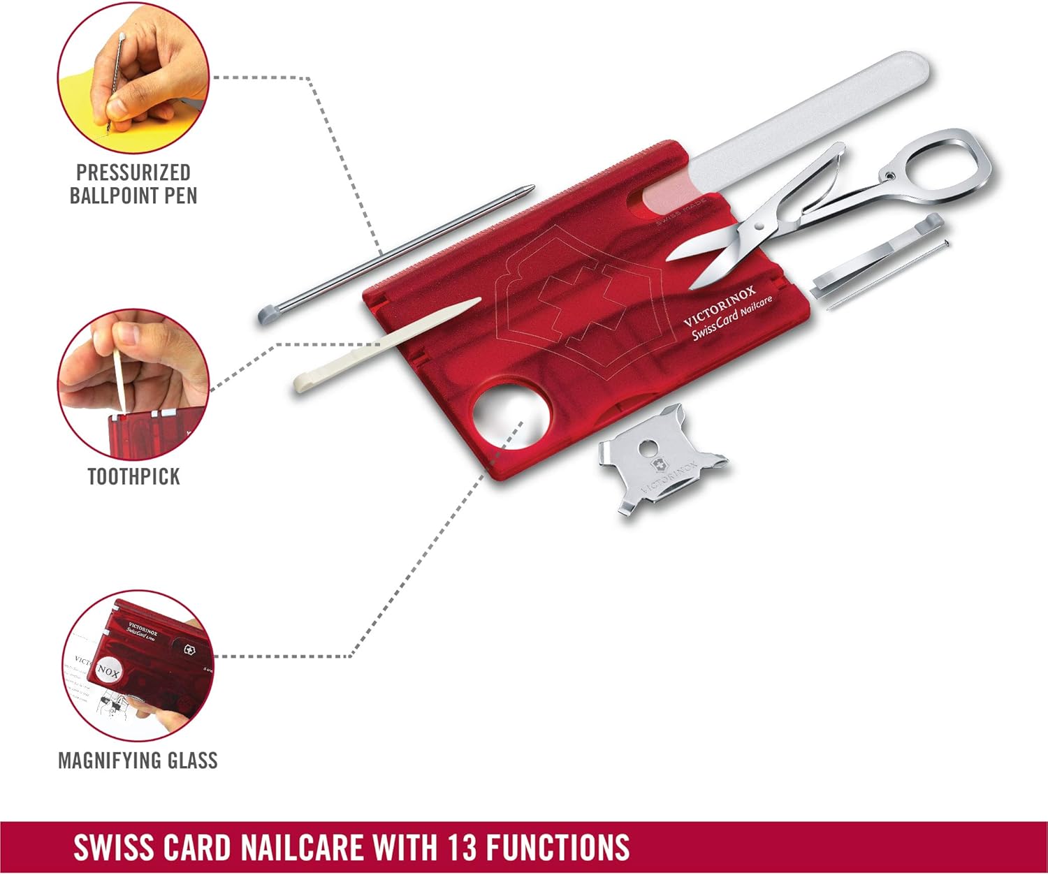 Victorinox Swiss Card Nail Care, Swiss Made Pocket Tool, Credit Card Size, 13 Functions, Nail File, Scissors, Red Transparent - Image 3