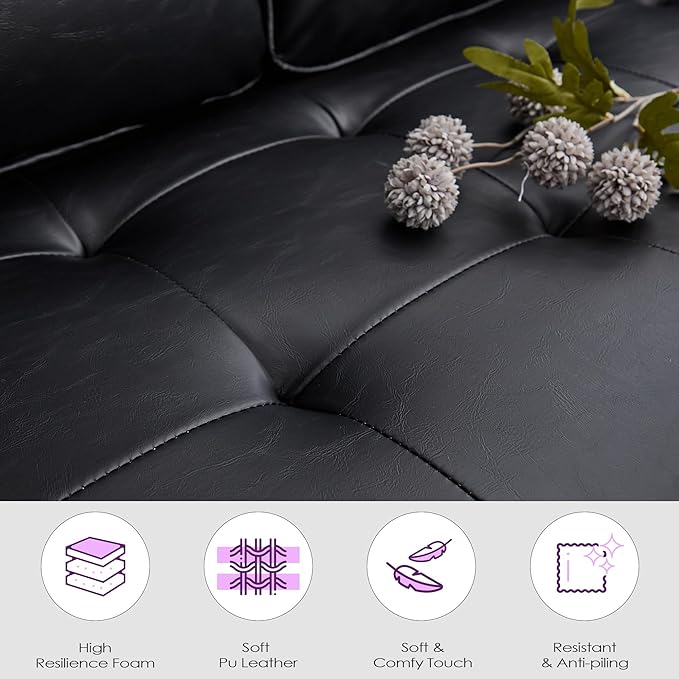 Sillón de Cuero Negro con Tapizado Botones y Patas de Madera miniatura 6