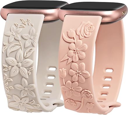 Minyee 2 Pack Floral Engraved Band Compatible with Fitbit Versa 4/Versa 3/Sense 2/Sense Band Women, Cute Embossed Silicone Wildflower Rose Design Soft Sport Fancy Summer Replacement Strap for Versa 4