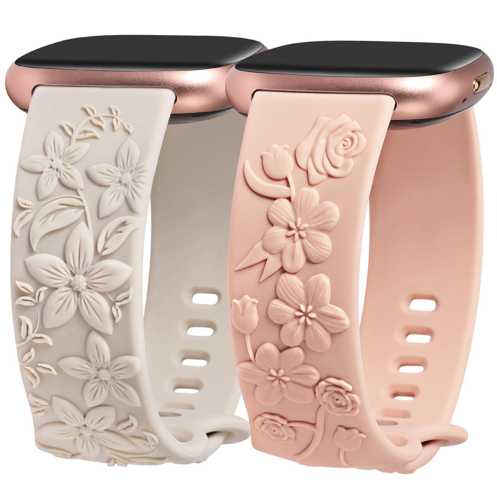 Minyee 2 Pack Floral Engraved Band Compatible with Fitbit Versa 4/Versa 3/Sense 2/Sense Band Women, Cute Embossed Silicone Wildflower Rose Design Soft