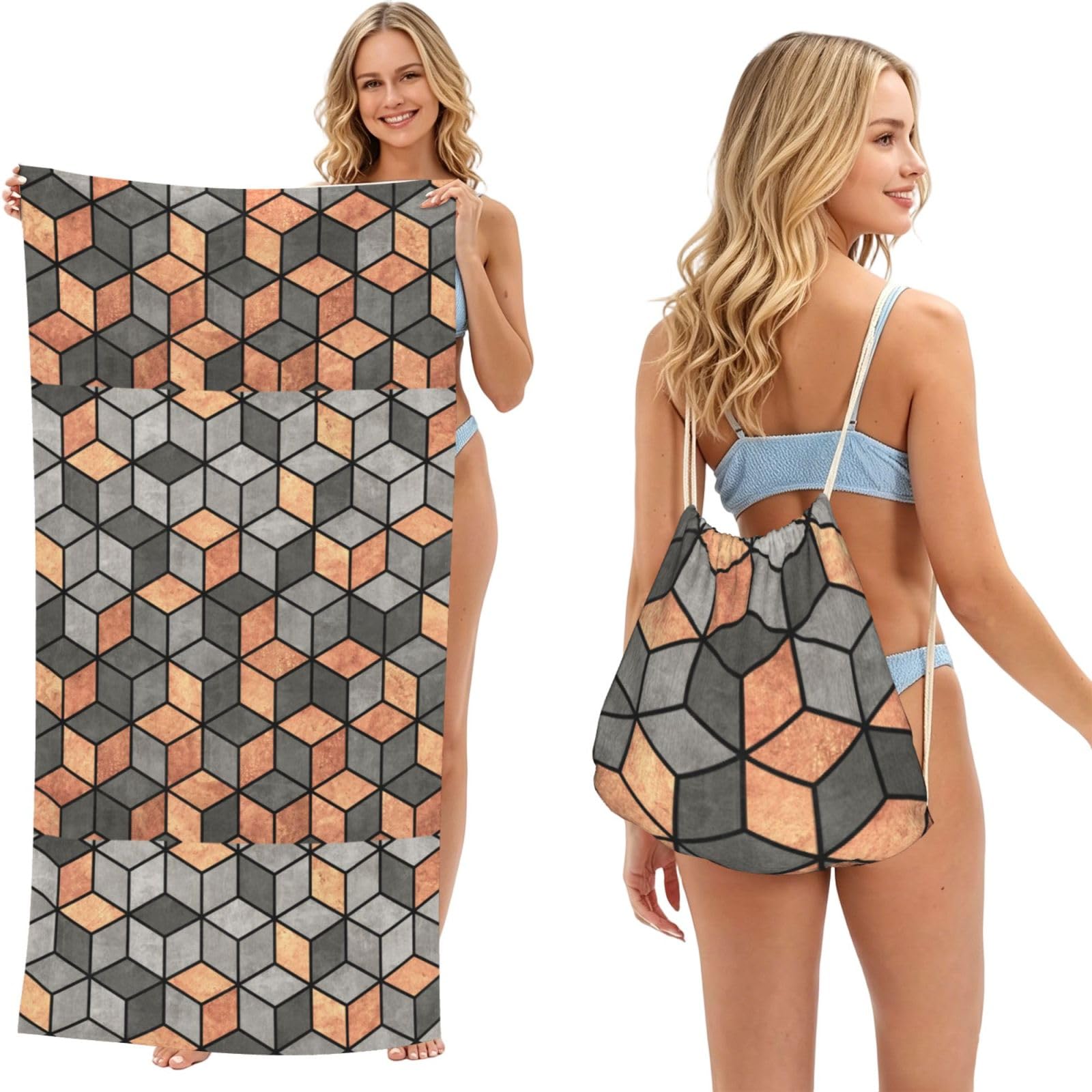 Poadnly As Picture Concrete And Copper Cubes, 2 In 1 Packable Towel Bag, Beach Towels With Drawstring Backpack For Travel Holiday Camping