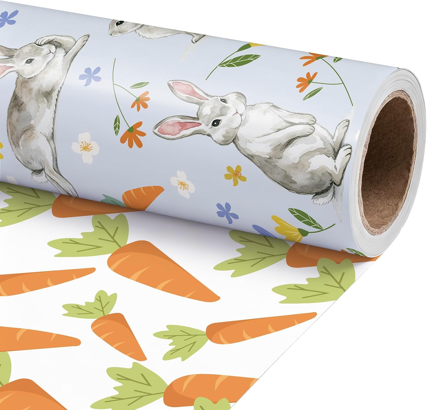 RUSPEPA Reversible Easter Wrapping Paper Roll, Mini Roll, Cute Bunny, Flowers and Watercolor Carrot Design, Spring Gift Wrap Paper for Kids Easter Gifts, Baby Shower, Birthday, 17 Inches x 16.4 Feet