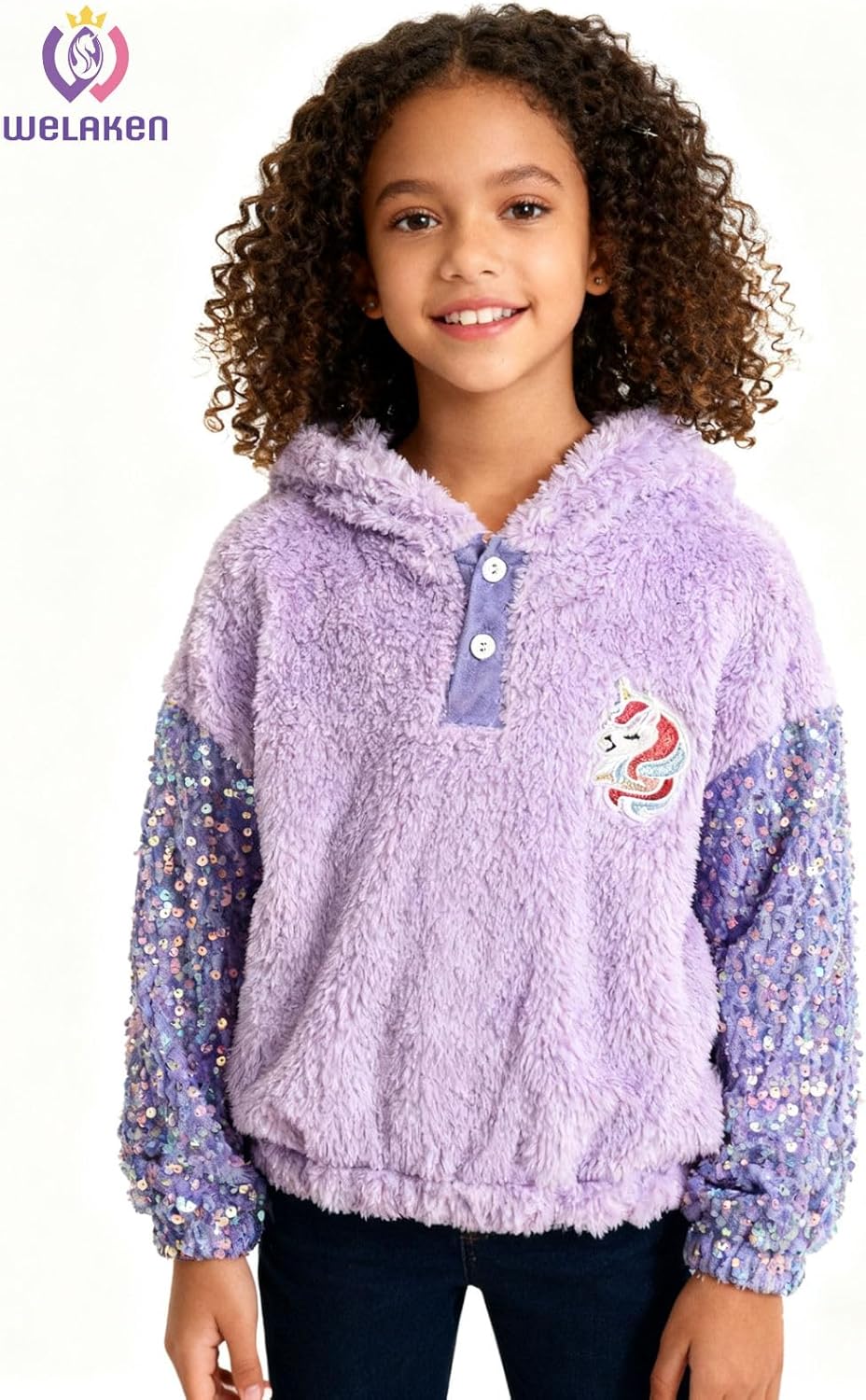 WELAKEN Girls' Button-Detail Fuzzy Sherpa Fleece Hoodie with Unicorn Patch & Sequin Sleeves – Cozy & Warm Kids' Pullover - Image 2
