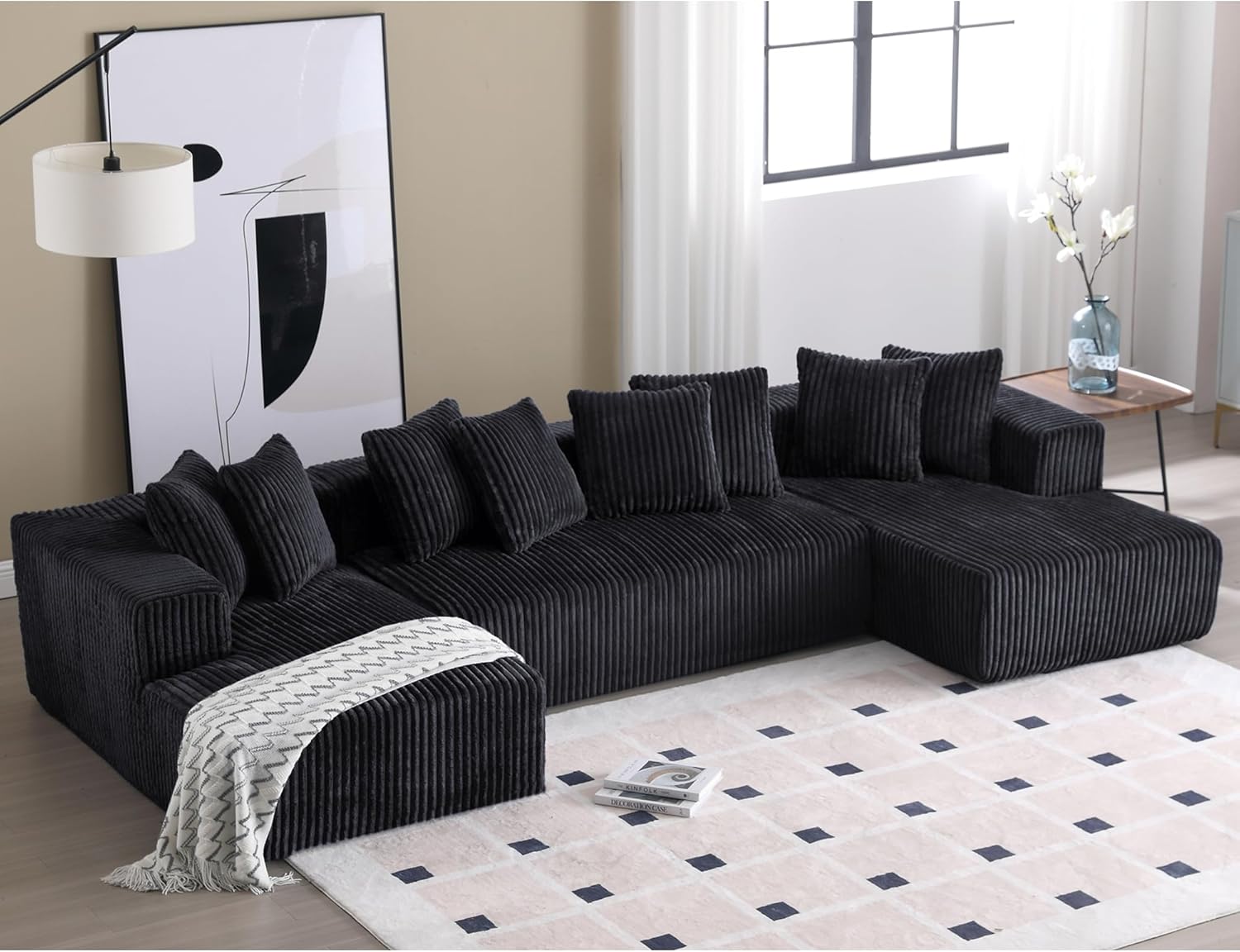 Spacious and Stylish U-Shaped Modular Sectional Sofa, 4 Seater, Chaise Lounge, Striped Fabric, Black