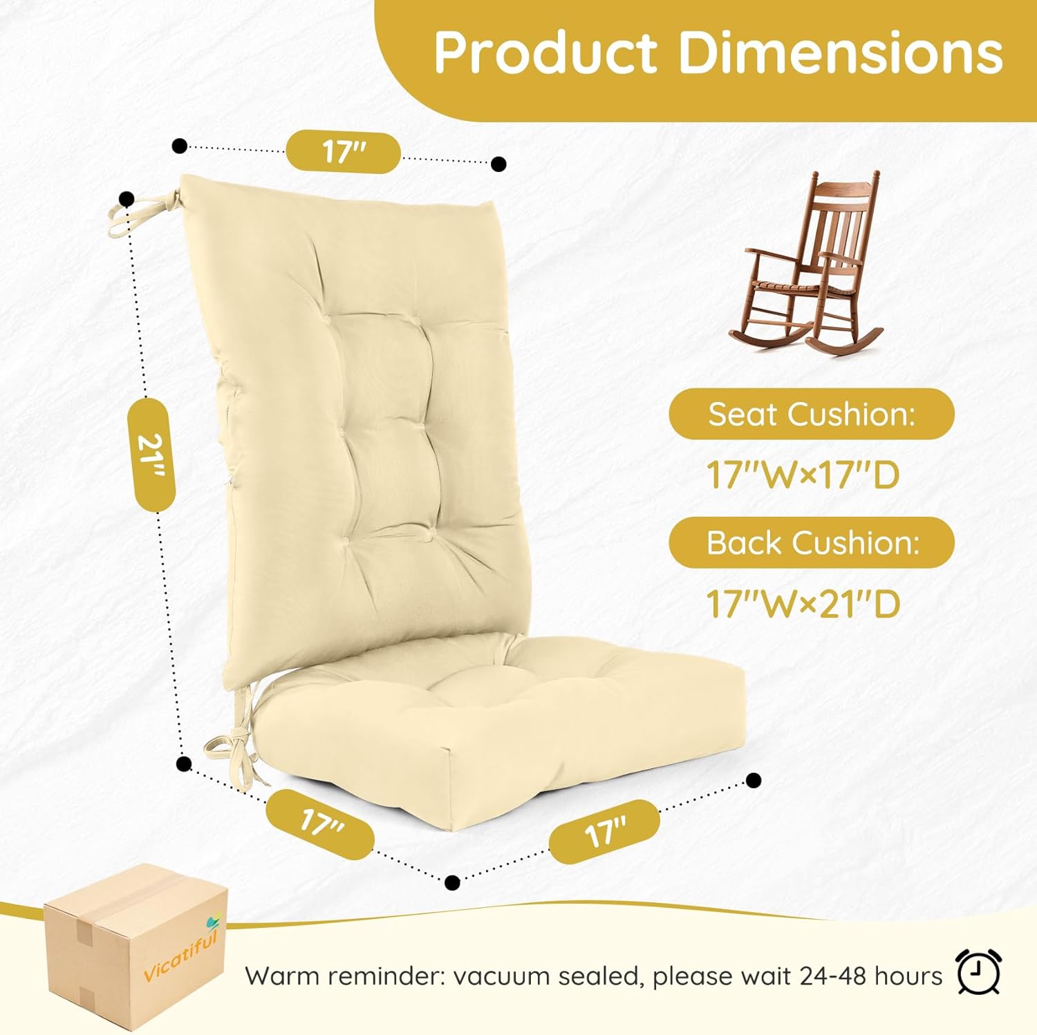 Rocking Chair Cushion Premium Tufted Pads with Ties Indoor/Outdoor Thick Linen Chair Pads Non-Slip Chair Pads for Elderly Sitting 17×17 inch (Waterproof-Beige)