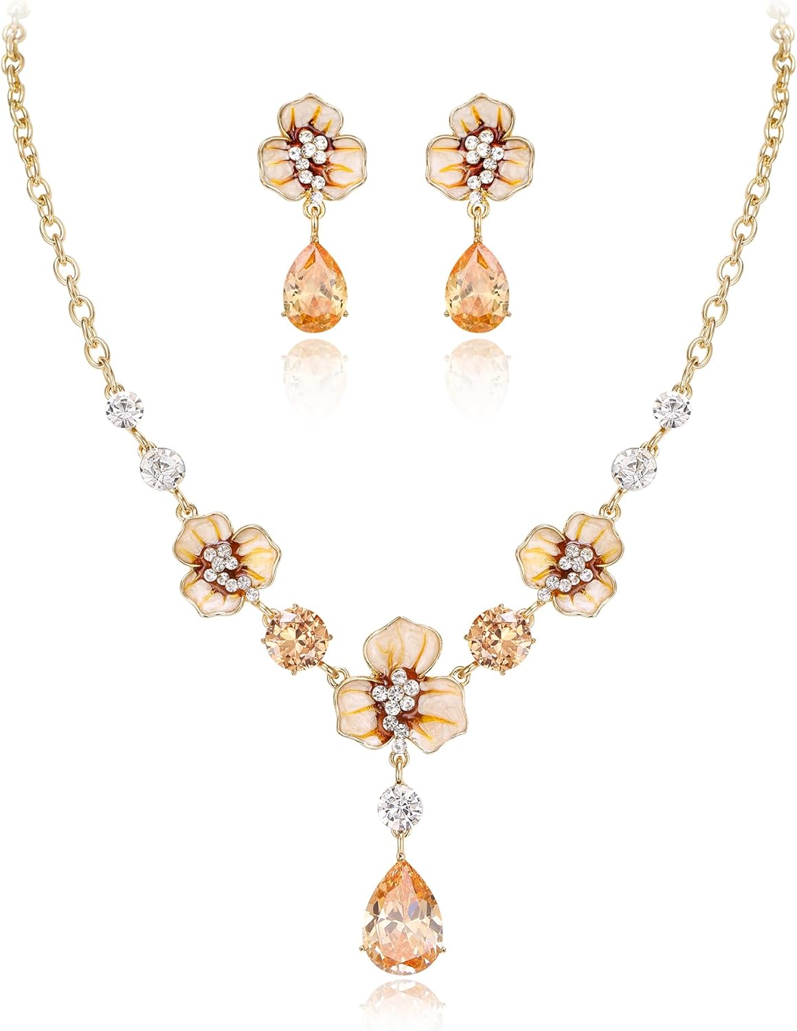 EVER FAITH Women's Costume Jewelry Sets, Zircon Crystal Enamel Flowers Tear Drop Pendant Necklace Earrings Set