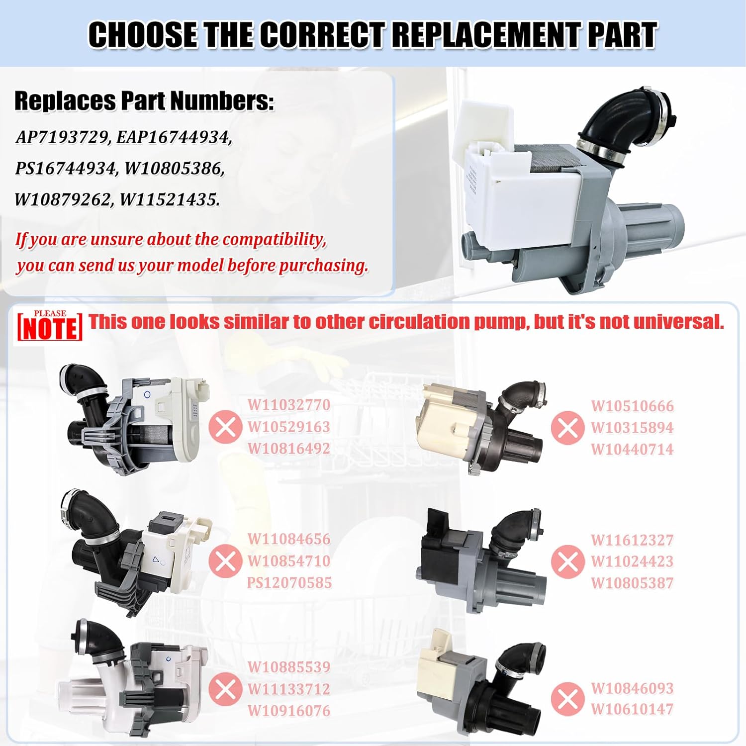 W11612326 Dishwasher Circulation Pump - W10805386 Dishwasher Pump Motor Assembly Replacement Parts W10879262 W11521435