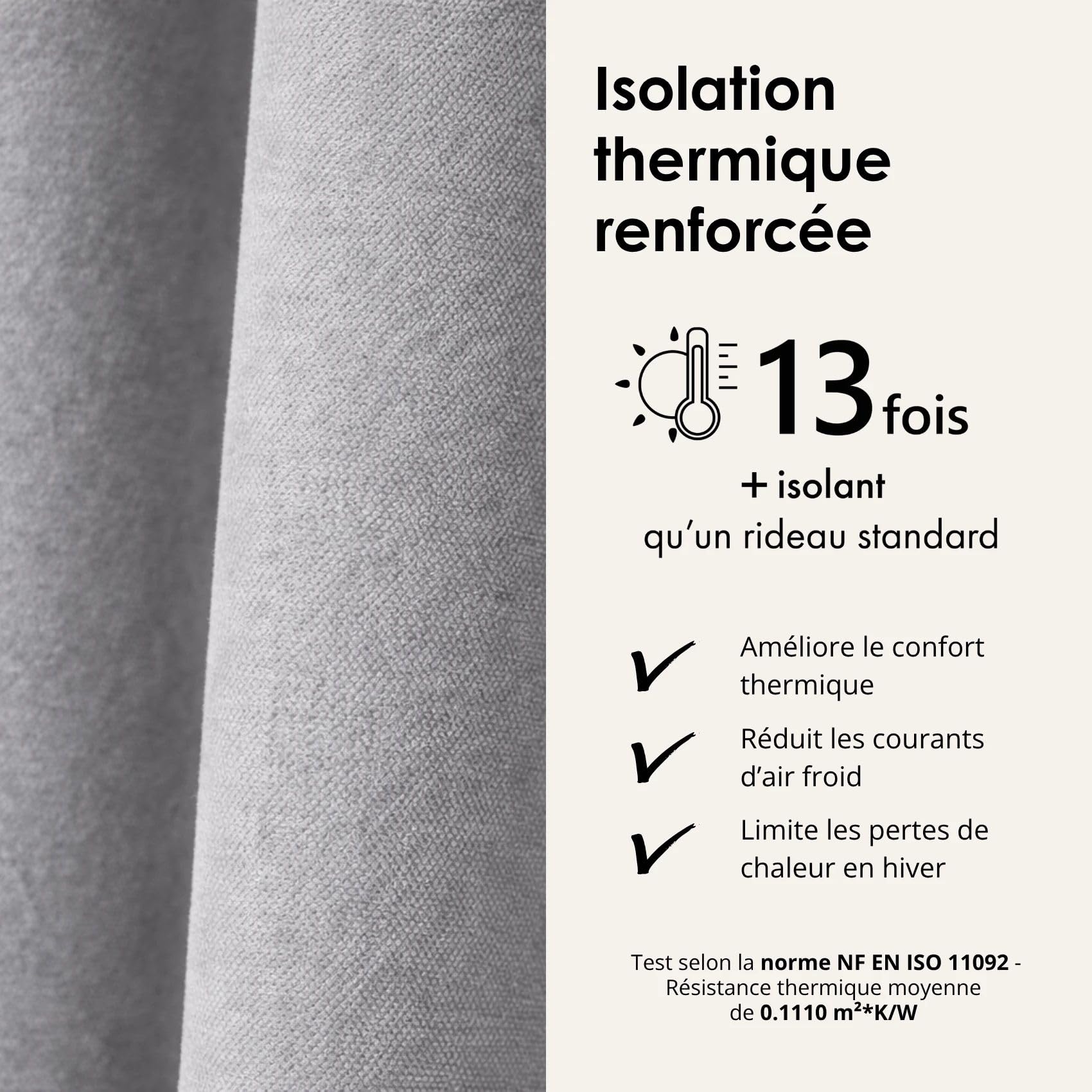 Rideau Thermique Phonique KONFOR - Flanelle Polyester - Occultant Isolant Froid et Bruit - Chambre Salon Bureau - 8 Oeillets - 250 x 260 cm - Gris Perle