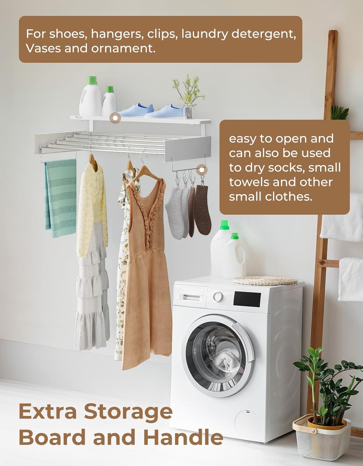 yamagahome Clothes Drying Rack Wall Mounted with Extra Storage Board, Laundry Drying Rack Collapsible with Handle, Collapsible Drying Racks for Laundry for Indoor and Outdoor, 31.5''