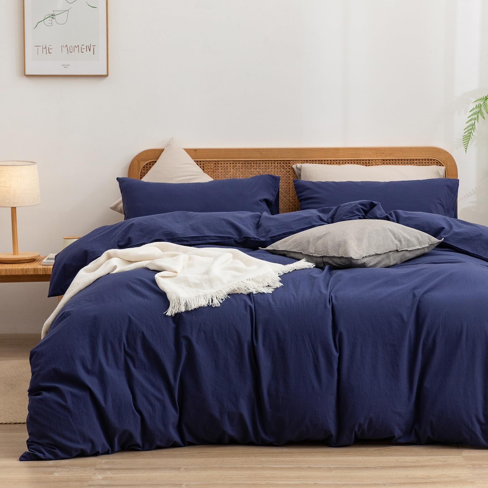 BESTOUCH Duvet Cover Set 100% Washed Cotton Linen Feel Super Soft Comfortable Chic Lightweight 3 PCs Home Bedding Set Solid Navy Blue Full/Double โ image 1