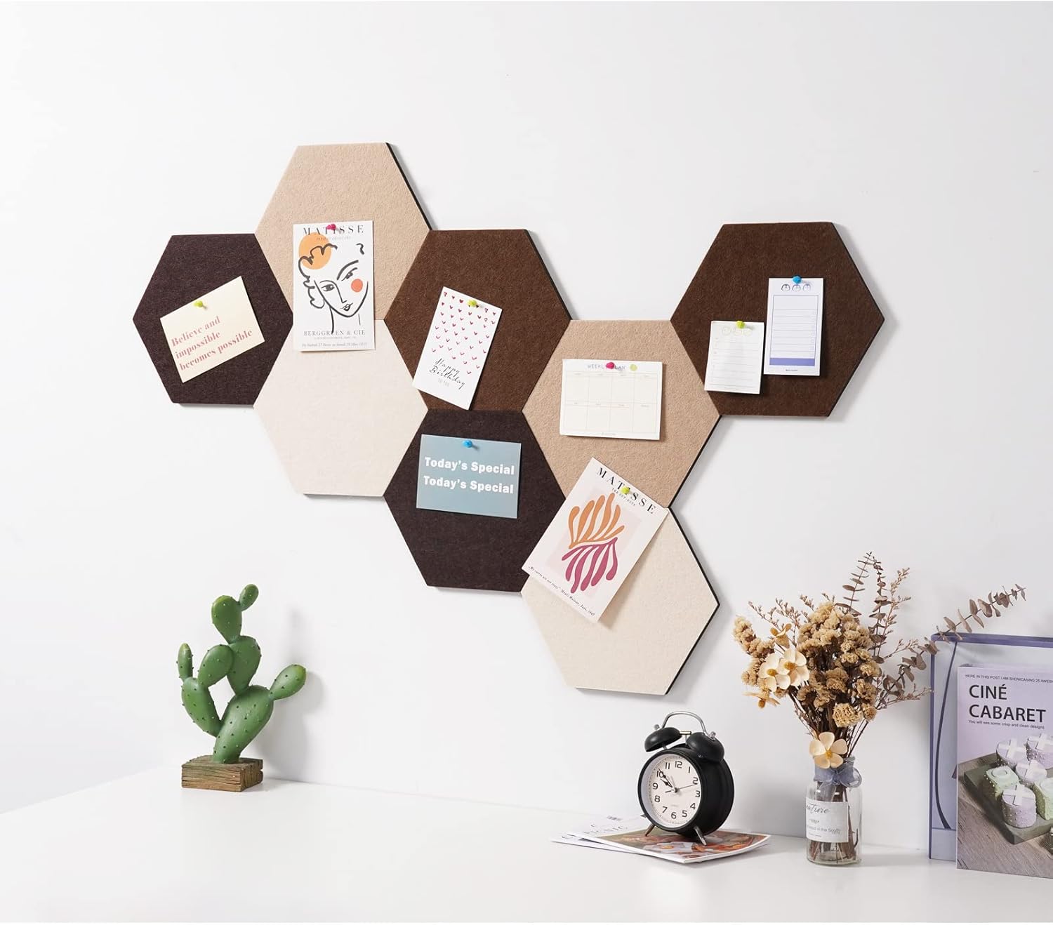 LAJAR 8 Pcs Self Adhesive Felt Bulletin Board Tiles (Large), Hexagon Color Felt Pin Board Wall Tiles for Photos, Pictures, Memos (Camel Large)