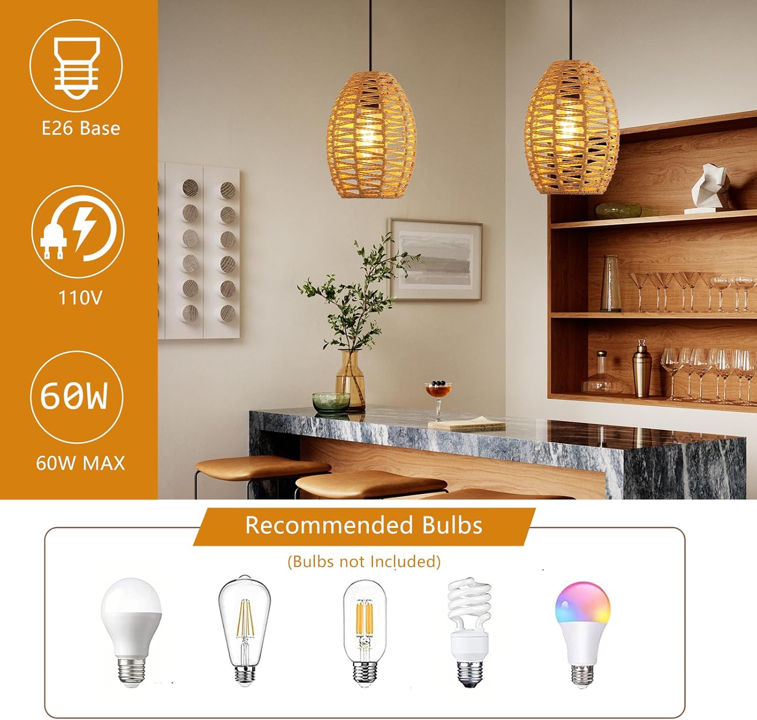 DELIPOP Pendant Light, Hand-Woven Rattan Chandelier, Boho Hanging Light with Adjustable Cord 4.9ft for Living Room, Dining Room, Kitchen, Bedroom (Black & Brown)