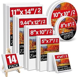 ESRICH 14-Pack Stretched Canvases: Multi-Sizes 11x14, 8x10, Rounds 8x8 & 10x10, Primed for Acrylic Oil Painting, Beginners Artists