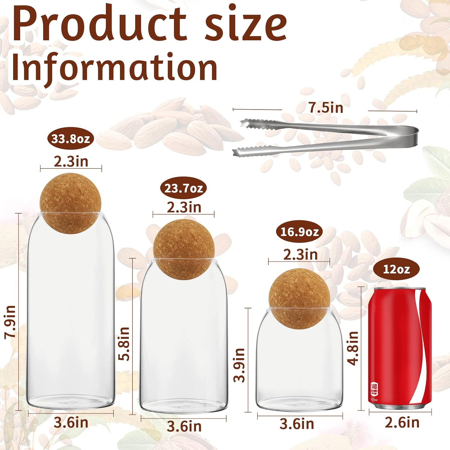 SuproBarware 3Pcs Glass Jar with Round Ball Cork,Coffee Bean Jar Glass Cork Clear Glass Bottles with Cork Glass Canisters for Food, Coffee, Sugar, Spice, Tea,DIY (500ml / 700ml / 1000ml)