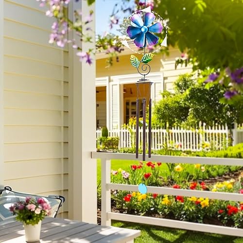 Miniatura 2 de MUMTOP Campanillas de viento para espacio exterior  Campanillas de viento de jardín con molinillo de viento de flores, 33 pulgadas de tono profundo