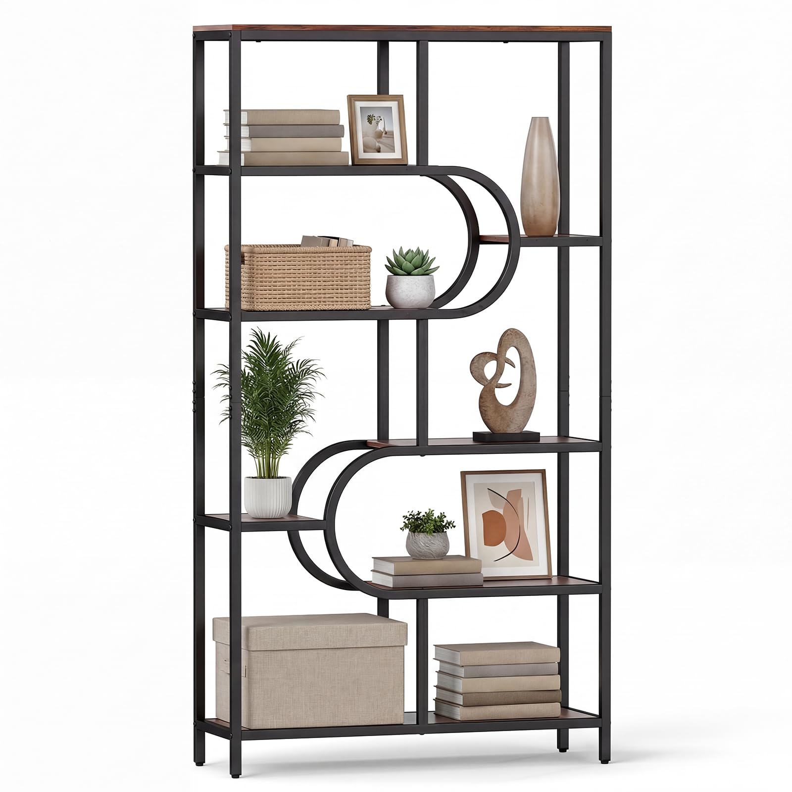 CASART 8/10-Tier Bookcase (Rustic Brown + Black, 95 x 30 x 176cm, 8)